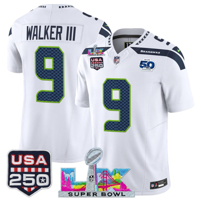 Youth White Seattle Seahawks #9 Kenneth Walker III 2025 F.U.S.E. Super Bowl LX Patch And 50th Season & USA 250' Patch Vapor Limited Stitched Football Jersey