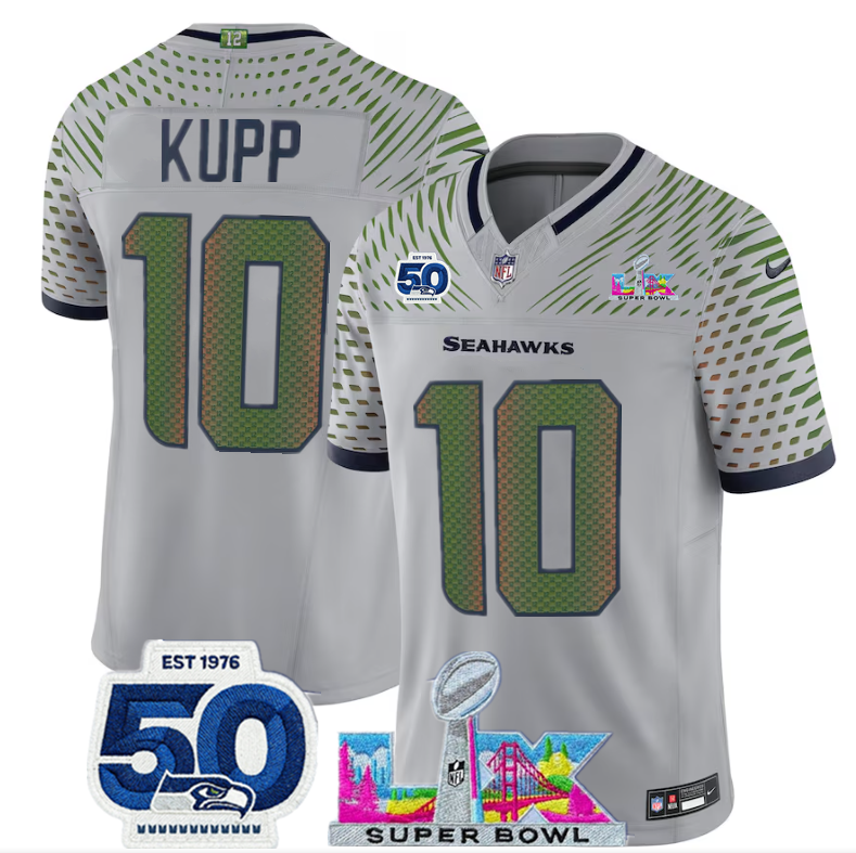Youth Grey Seattle Seahawks #10 Cooper Kupp 2025 F.U.S.E. Super Bowl LX Patch And 50th Season Patch “Rivalries” Vapor Limited Stitched Football Jersey