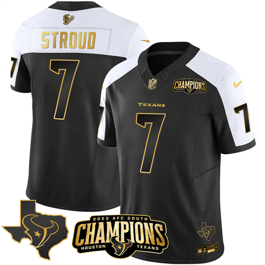 Youth Black/White Golden Houston Texans #7 C.J. Stroud 2023 F.U.S.E. With AFC South Champions Patch And Team Logo Patch Limited Stitched Football Jersey