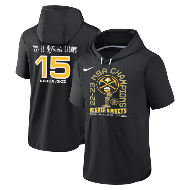 Men's Black Denver Nuggets #15 Nikola Jokic 2022-23 Champions Performance Short Sleeve Pullover Hoodie