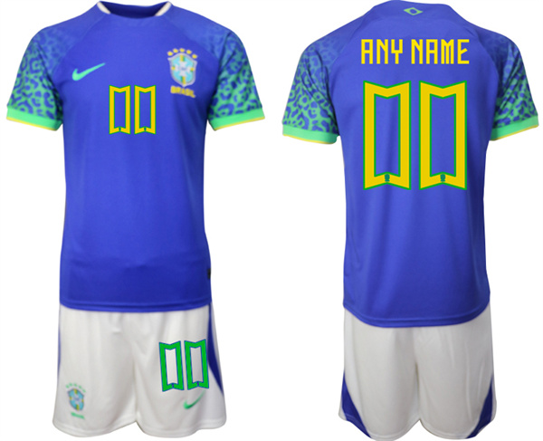 Men's Blue Brazil Custom  2022 FIFA World Cup Away Soccer Jersey Suit