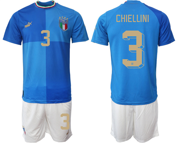 Men's Blue Italy #3 Chiellini Home Soccer Jersey Suit