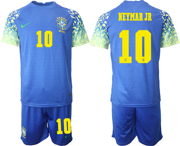Men's Blue Brazil #10 Neymar Jr 2022 FIFA World Cup Away Soccer Jersey Suit