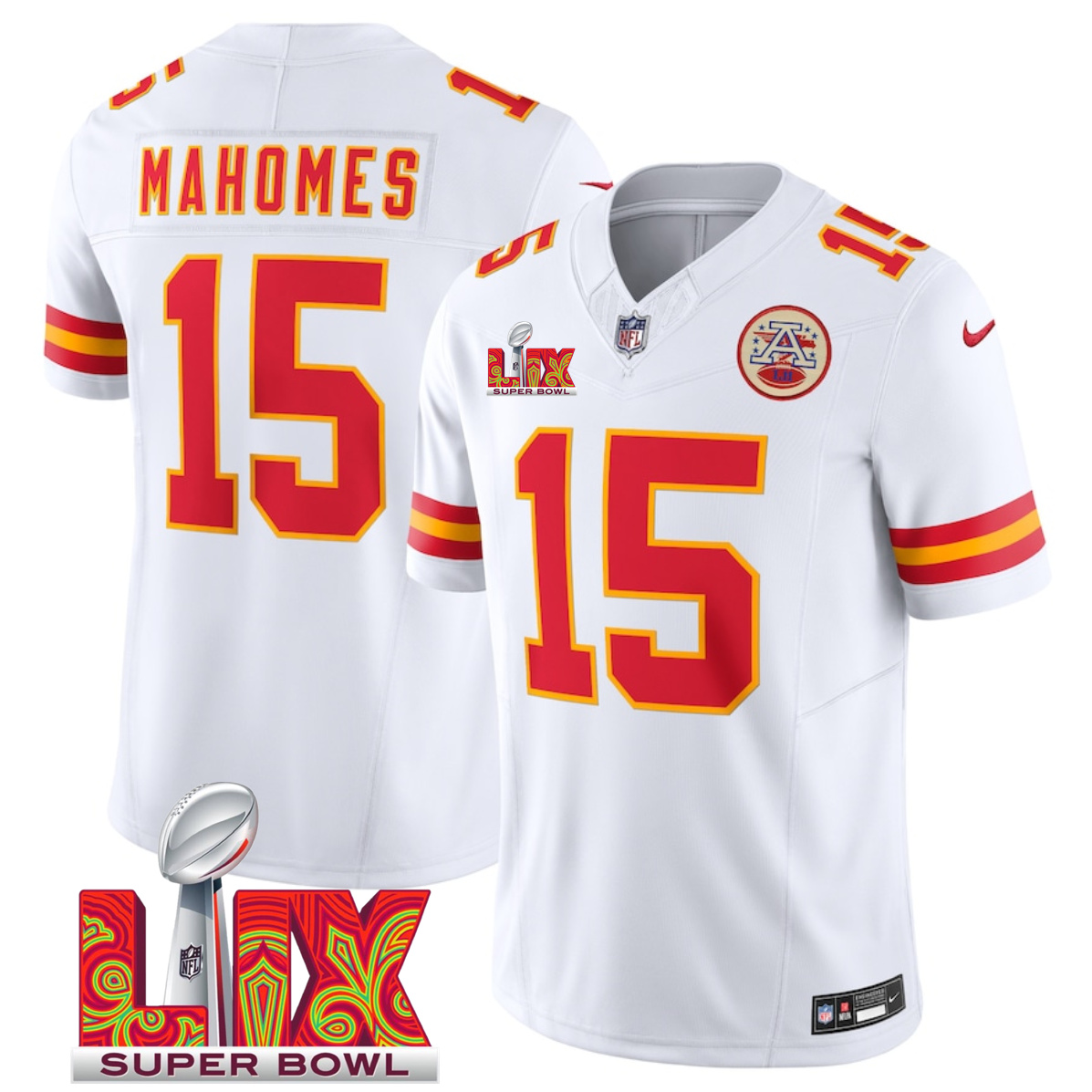 Men's White Kansas City Chiefs #15 Patrick Mahomes 2025 Super Bowl LIX Patch F.U.S.E. Vapor Limited Stitched Football Jersey