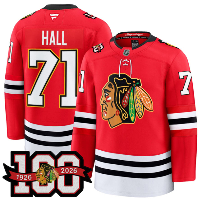 Men's Red Chicago Blackhawks #71 Taylor Hall 2025 Home 100th Anniversary Stitched Hockey Jersey