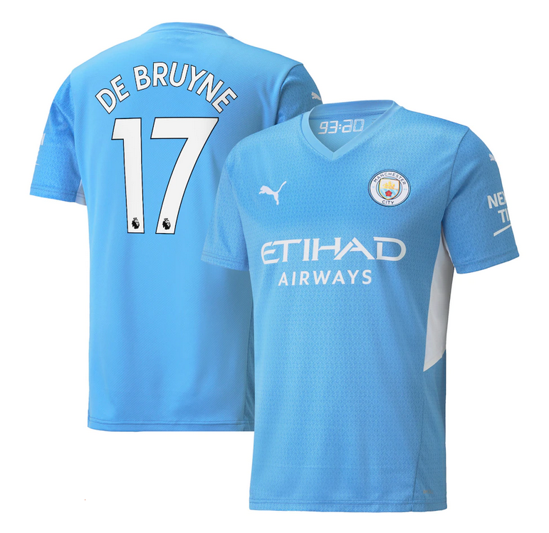 Men's Blue Manchester City #17 Kevin De Bruyne 2021/22  Home Soccer Jersey