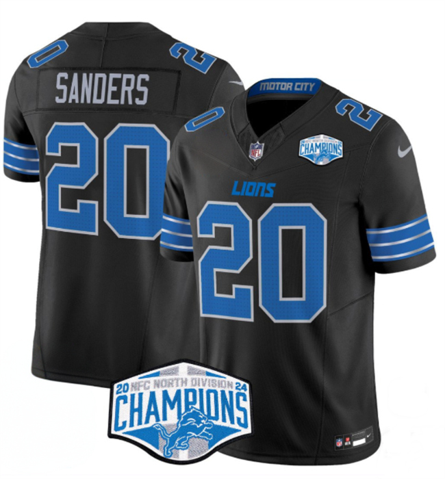 Men's Black Detroit Lions #20 Barry Sanders 2024 NFC North Champions F.U.S.E. Vapor Limited Stitched Jersey